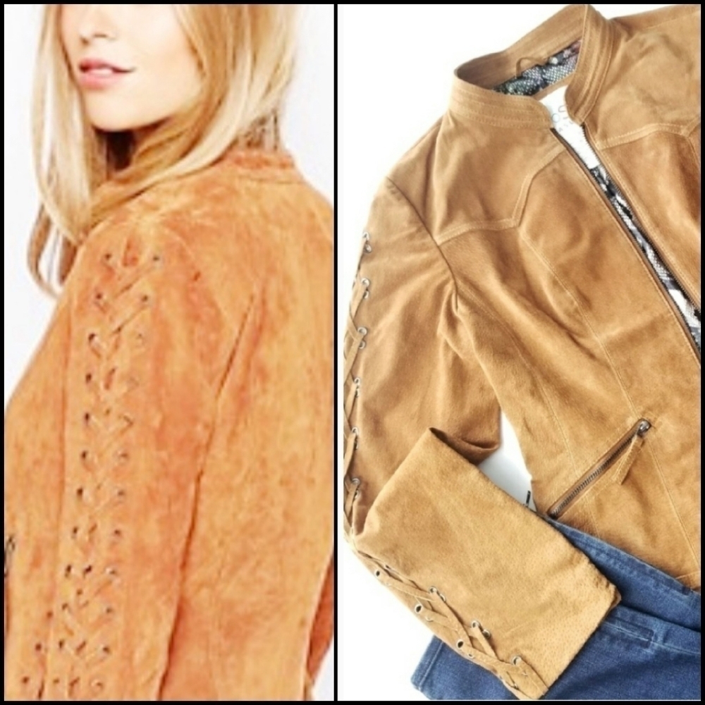 𝅺OSO Casuals Suede Leather Vintage Western Vibe Lace Up Detail Jacket Small.